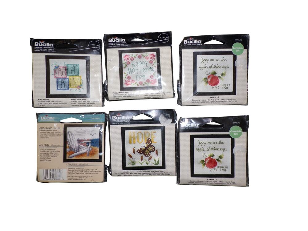 (6) Bucilla Counted Cross Stitch Kits Complete with Mini Frames Baby Mom Hope